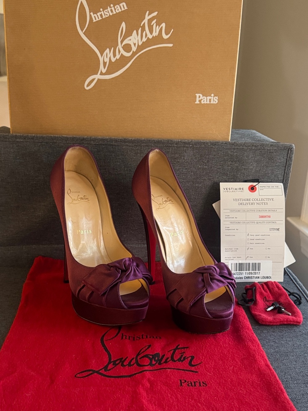 Christian Louboutin Purple Satin Bow Peep-Toe Platform Pumps